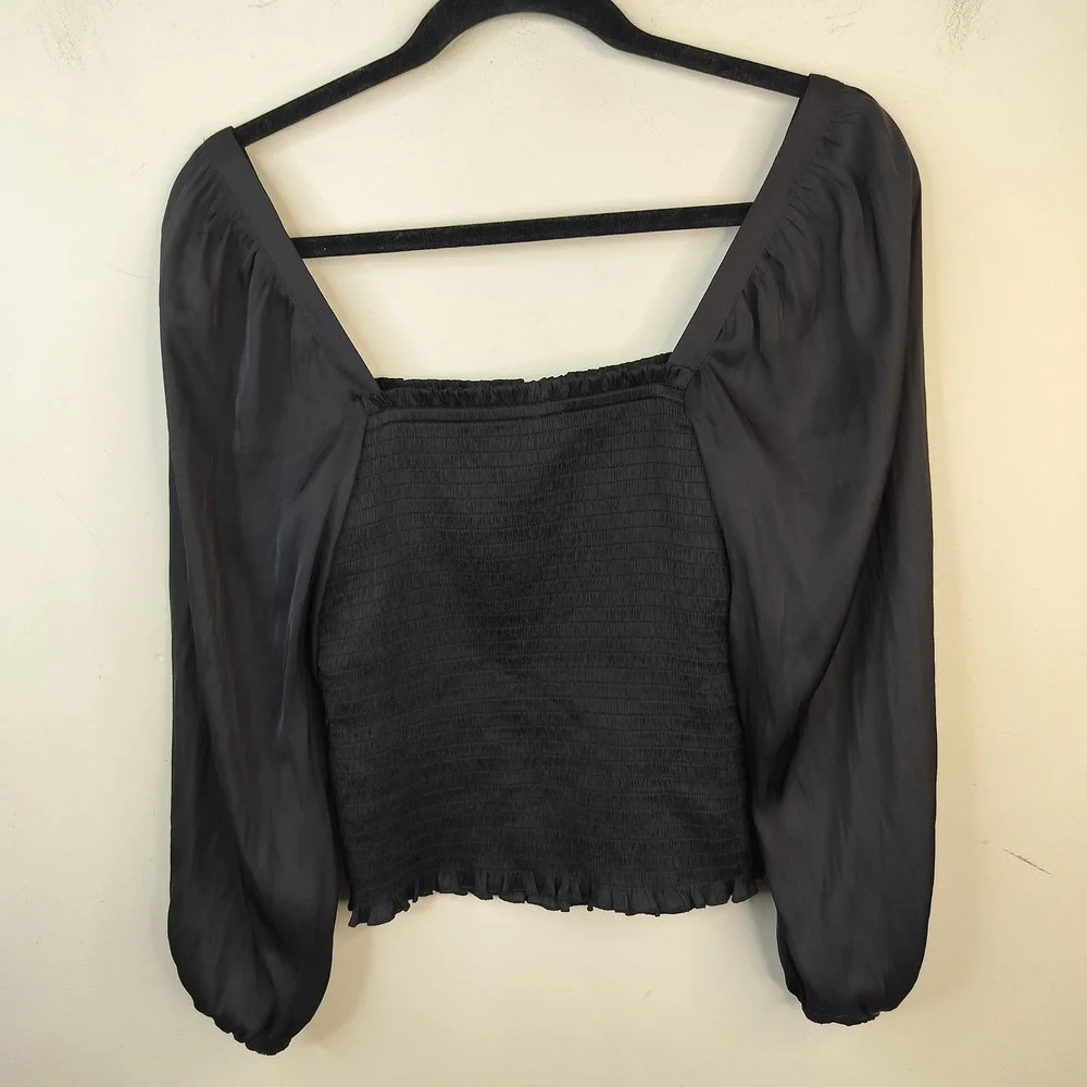 J.Crew Smocked Satin Top Blouse Womens XS Puff Sleeve Square Neck Black